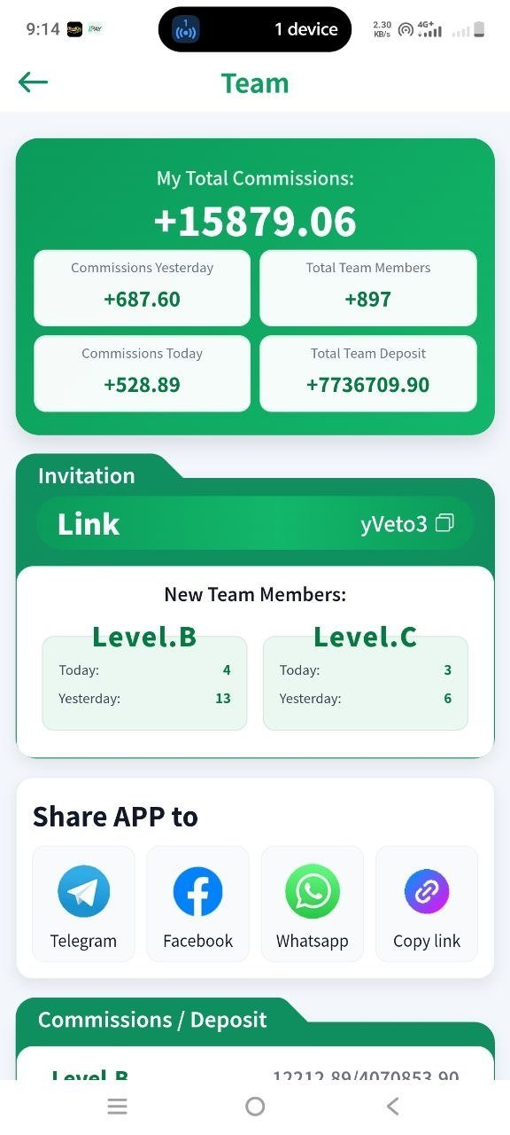 WynnPay Team screen – invitation link and commissions